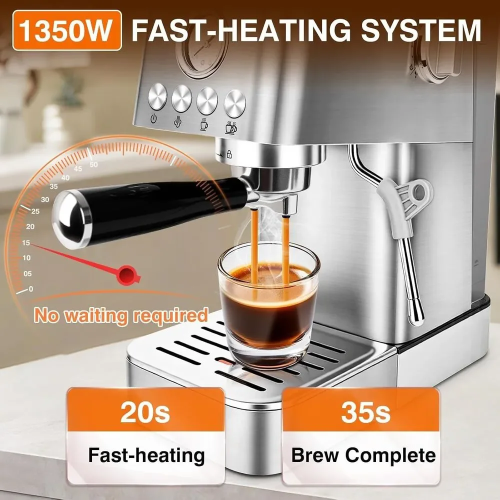 20 Bar Espresso Machine with Milk Frother Stainless Steel Coffee Maker, 1350W Fa